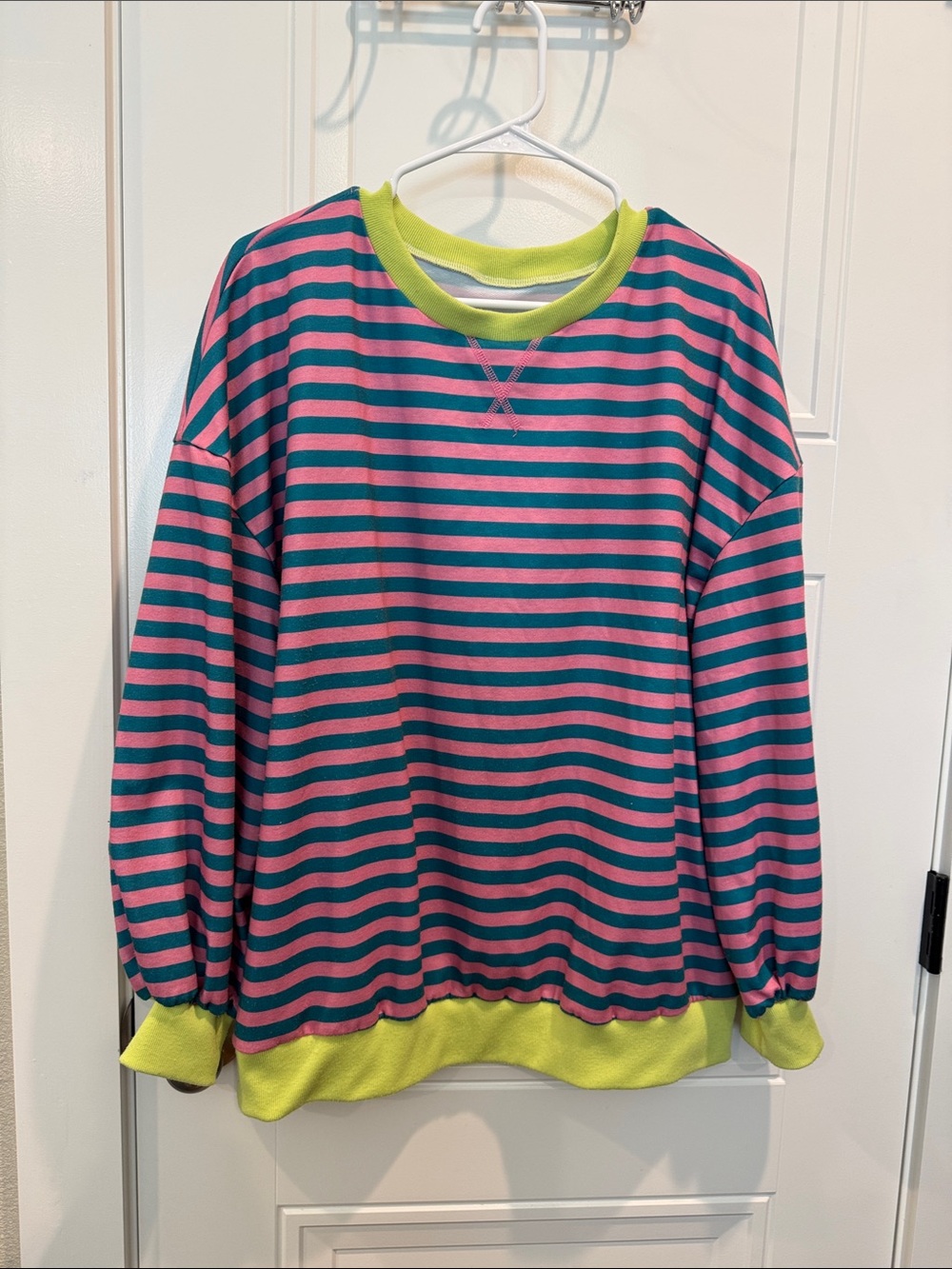 Amazon Striped Crewneck Sweatshirt in Pink, Teal & Lime
